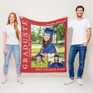Graduation 2025 Photo Collage Red Grad Keepsake Fleece Blanket