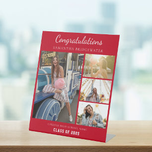 Graduation 2025 Photo Collage Red Graduate Custom Pedestal Sign