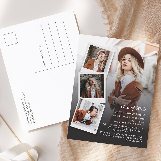 Graduation 2025 Photo Collage Script Grad Party Invitation Postcard (Graduation 2025 Multi Photo Grad Party Invitation Postcard)