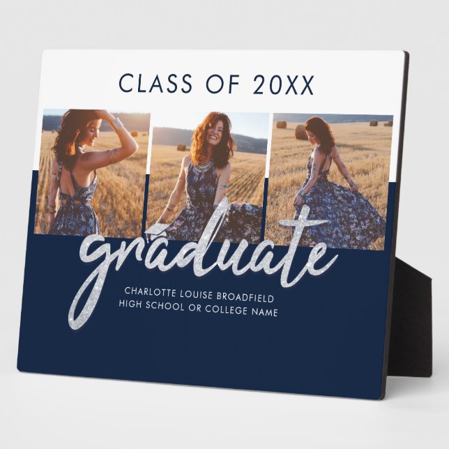 Graduation 2025 Photo Collage Silver Grad Navy Plaque (Side)