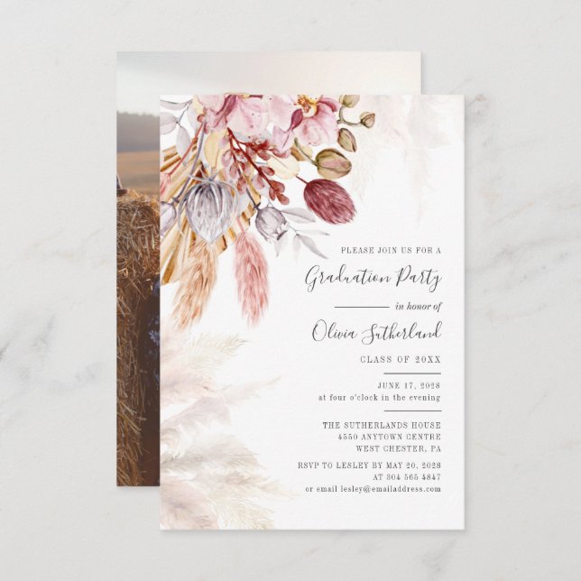 Graduation 2025 Photo Pampas Grass Grad Party Invitation (Front/Back)
