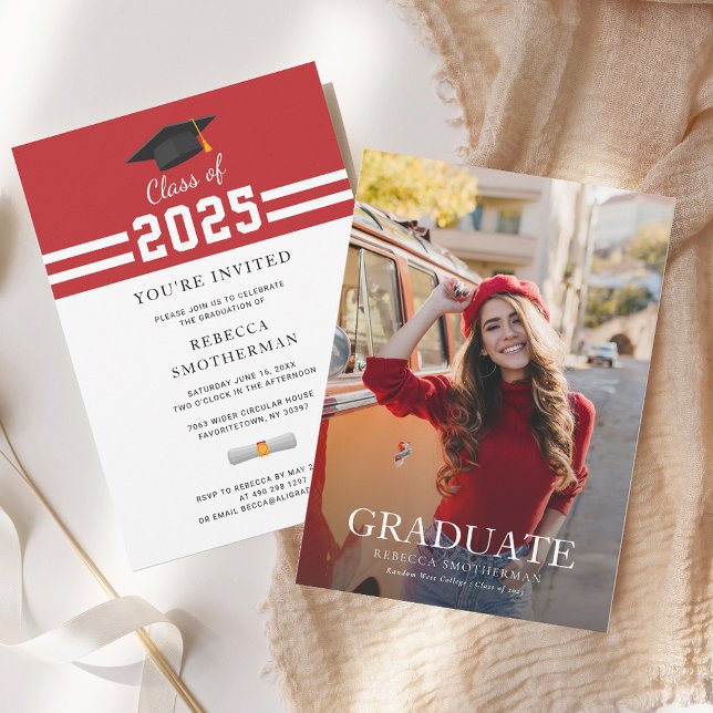 Graduation 2025 Photo Party Invitation (Graduation 2025 Party Red White Vertical Party Invitation)