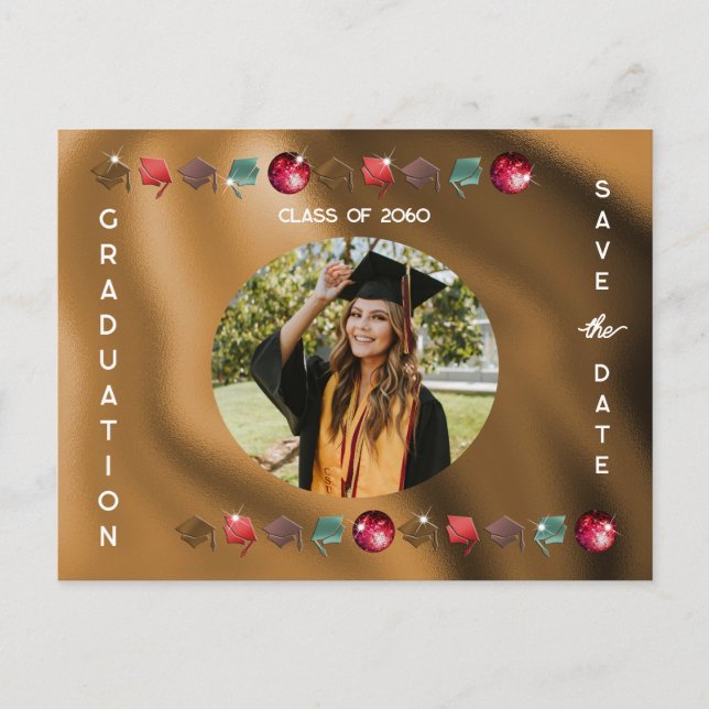 Graduation 2025 Photo Red Disco Ball Save the Date Postcard (Front)
