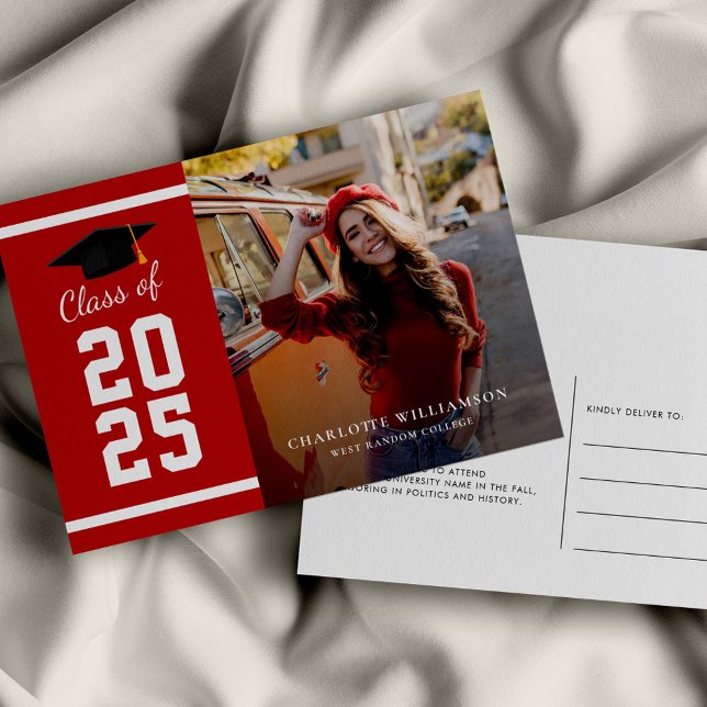 Graduation 2025 Photo Red White Grad Announcement Postcard (Graduation 2025 Photo Party Red White Invitation Postcard)