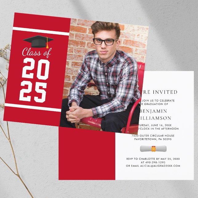 Graduation 2025 Photo Red White Party Invitation (Graduation 2025 Red White Party Invitation)