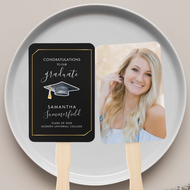 Graduation 2025 Photo Script Grad Black Party Hand Fan (Graduation 2025 Photo Script Grad Black Party Hand Fan)