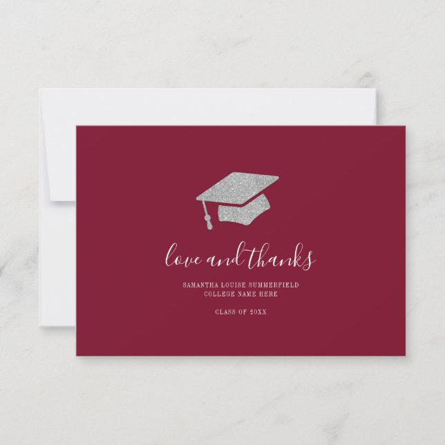 Graduation 2025 Photo Silver Glitter Burgundy Grad Thank You Card (Front)