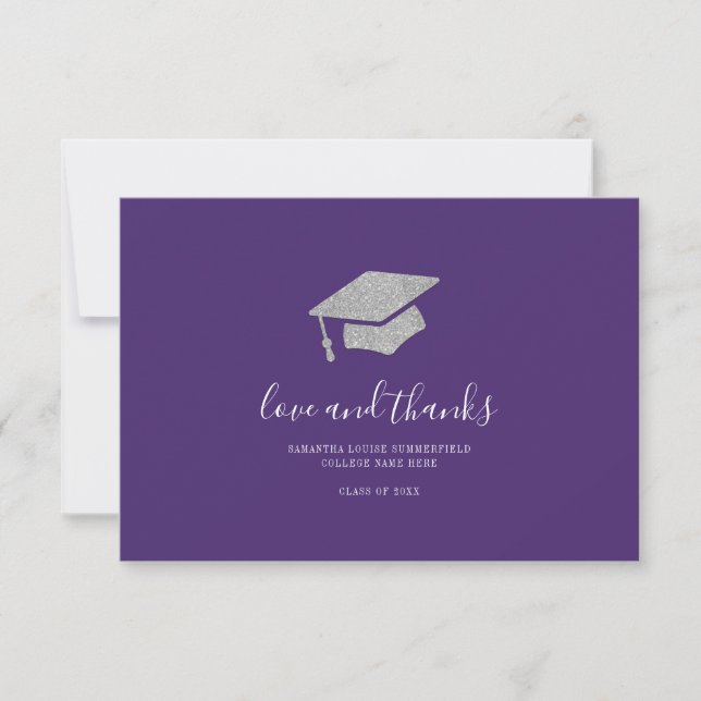 Graduation 2025 Photo Silver Glitter Grad Purple Thank You Card (Front)
