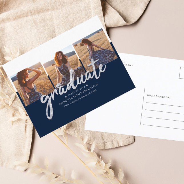 Graduation 2025 Photos Script Grad Announcement Postcard (Graduation Photo Collage Announcement Postcard)