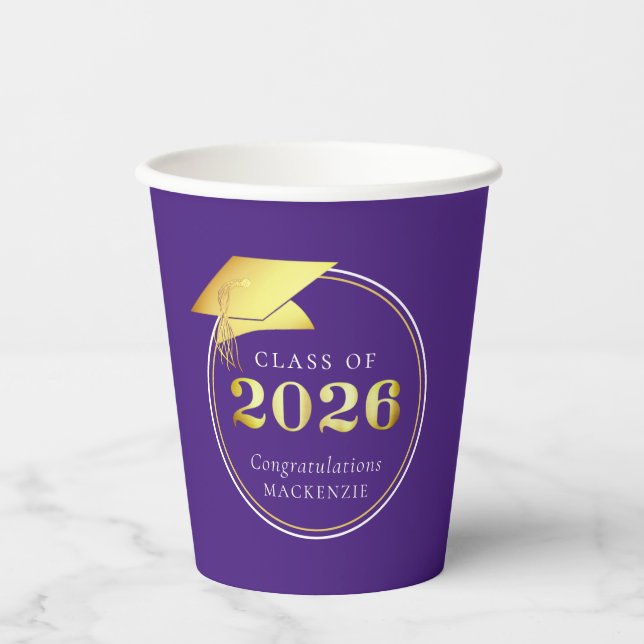Graduation 2025 Purple Faux Metallic Gold Paper Cups (Front)