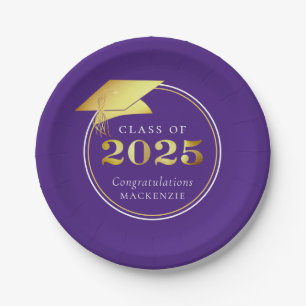 Graduation 2025 Purple Faux Metallic Gold Paper Plate