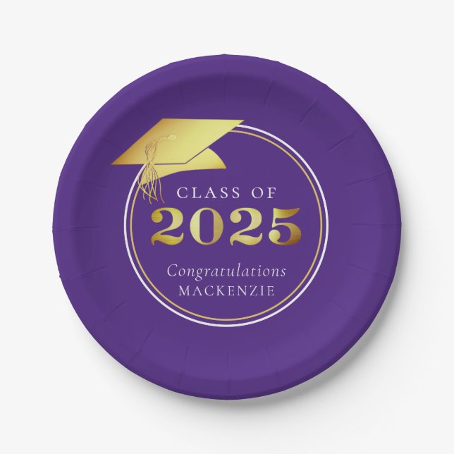 Graduation 2025 Purple Faux Metallic Gold Paper Plate (Front)