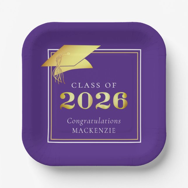 Graduation 2025 Purple Faux Metallic Gold Paper Plate (Front)