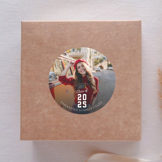 Graduation 2025 Red Photo Grad Party Classic Round Sticker (Graduation 2025 Red Photo Grad Party Classic Round Sticker)