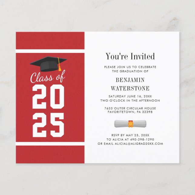 Graduation 2025 Red White Minimalist Invitation (Front)
