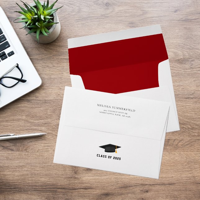 Graduation 2025 Return Addressed Custom Envelope (Graduation Invitation Red Inside with Return Address Flap)