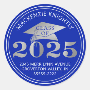 Graduation 2025 Royal Blue Silver Return Address Classic Round Sticker