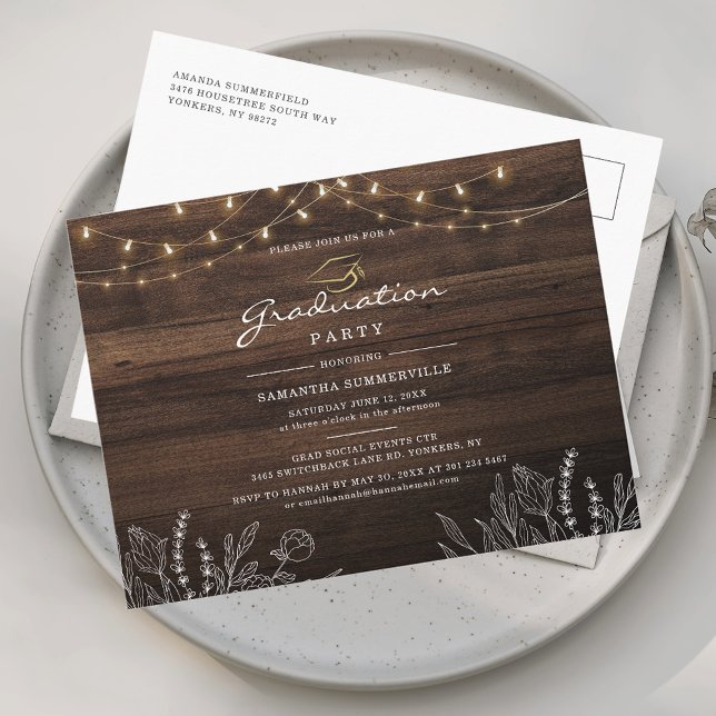 Graduation 2025 Script Grad Party String Lights Invitation Postcard (Graduation 2025 Script Grad Party String Lights Invitation Postcard)
