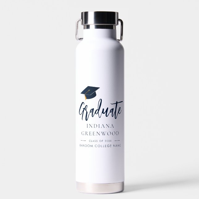 Graduation 2025 Script Navy Blue Grad Personalised Water Bottle (Front)