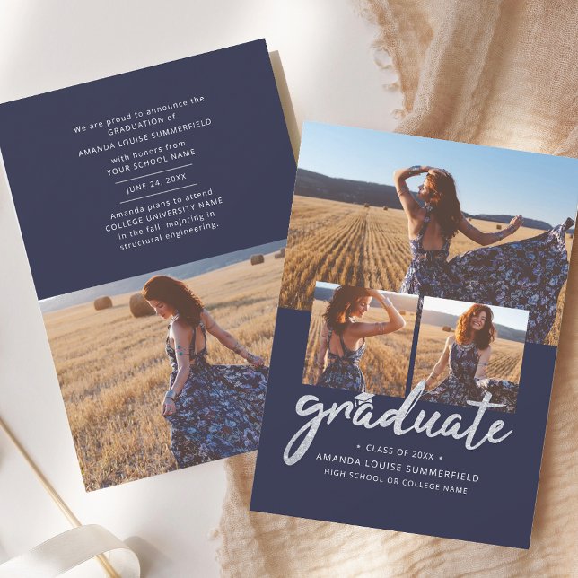 Graduation 2025 Script Photo Collage Announcement (Graduation 2025 Script Photo Collage Navy Blue Announcement)
