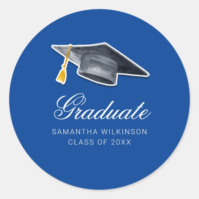 Graduation 2025 Tassel Calligraphy Blue Classic Round Sticker (Front)