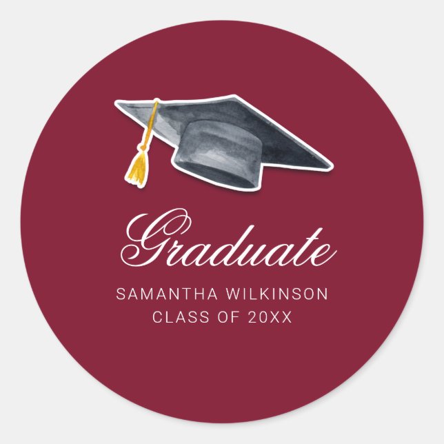 Graduation 2025 Tassel Handwritten Burgundy Classic Round Sticker (Front)