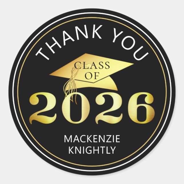 Graduation 2025 Thank You Black Faux Gold Foil Classic Round Sticker (Front)