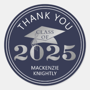 Graduation 2025 Thank You Navy Faux Silver Foil Classic Round Sticker