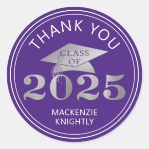 Graduation 2025 Thank You Purple Faux Silver Foil Classic Round Sticker