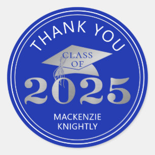 Graduation 2025 Thank You Royal Faux Silver Foil Classic Round Sticker