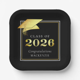 Graduation 2026 Black Faux Metallic Gold Paper Plate