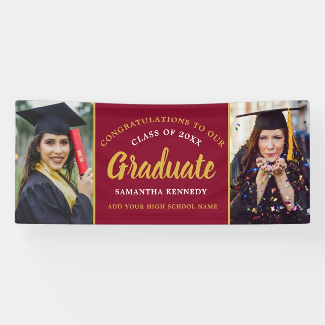 Graduation 2026 Congrats 2 Photo Burgundy And Gold Banner (Horizontal)