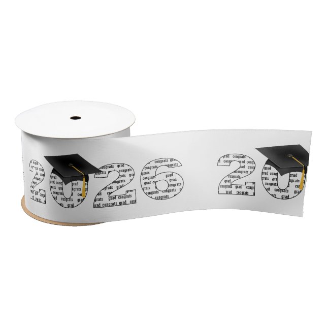 Graduation 2026 Congrats Grad Word Cloud on White Satin Ribbon (Spool)
