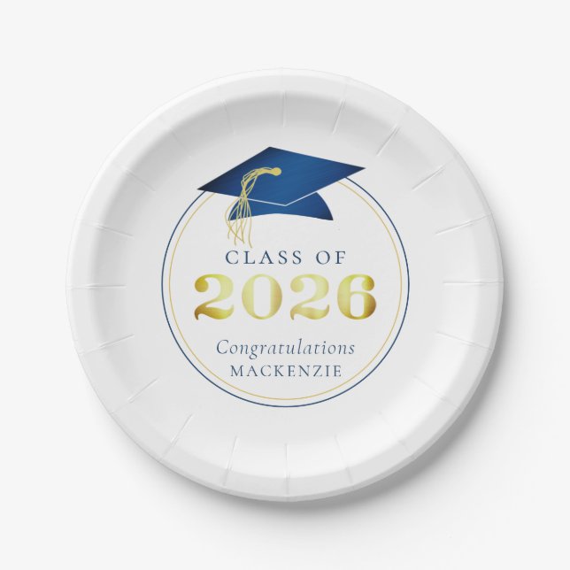 Graduation 2026 Faux Metallic Blue Gold Paper Plate (Front)