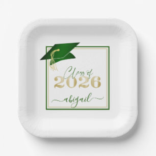 Graduation 2026 Faux Metallic Green Gold Script Paper Plate