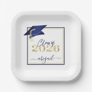Graduation 2026 Faux Metallic Navy Gold Script Paper Plate