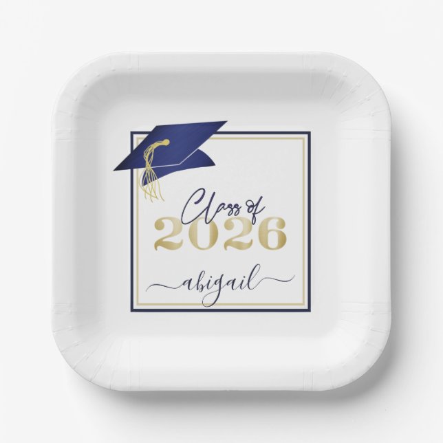 Graduation 2026 Faux Metallic Navy Gold Script Paper Plate (Front)