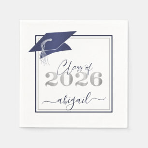 Graduation 2026 Faux Metallic Navy Silver Script Napkin