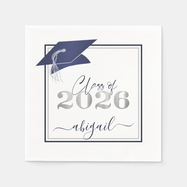 Graduation 2026 Faux Metallic Navy Silver Script Napkin (Front)