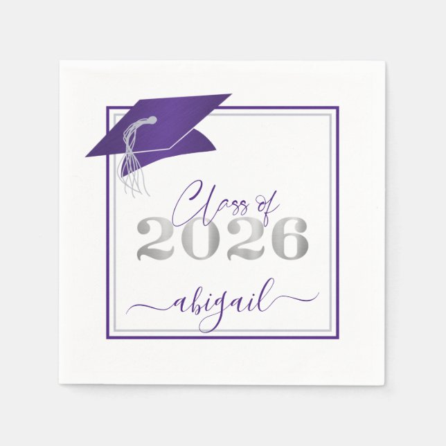 Graduation 2026 Faux Metallic Purple Silver Script Napkin (Front)