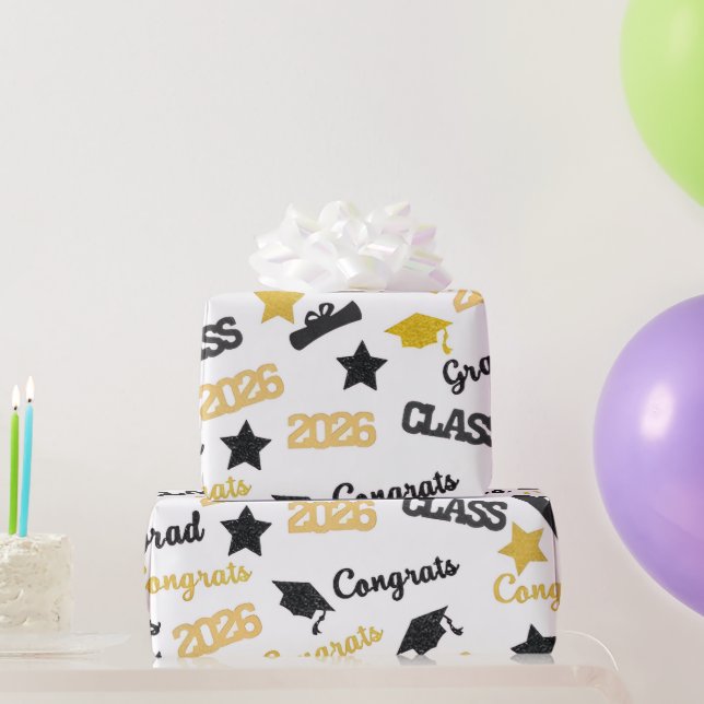 Graduation 2026 Gift Wrap Paper Black Gold Congrat (Party Gifts)