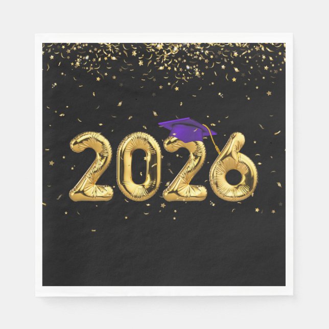 Graduation 2026 Gold Balloons and Purple Cap Napkin (Front)