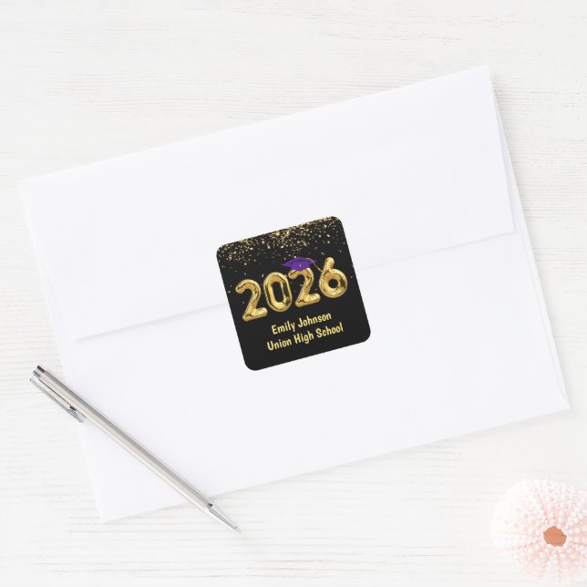 Graduation 2026 Gold Balloons and Purple Cap Square Sticker (Envelope)