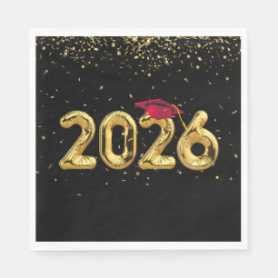 Graduation 2026 Gold Balloons and Red Cap Napkin