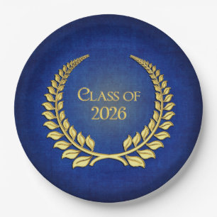 Graduation 2026 Gold Laurel Wreath On Blue Paper Plate