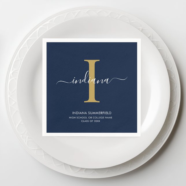 Graduation 2026 Monogram Script Name Grad Party Napkin (Monogram Script Graduation Navy Blue Paper Napkin)