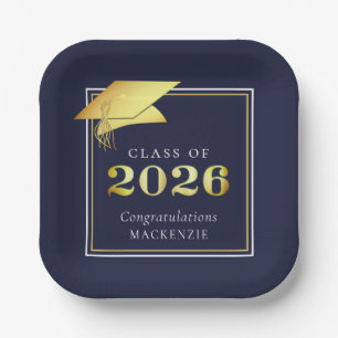 Graduation 2026 Navy Blue Faux Metallic Gold Paper Plate