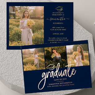 Graduation 2026 Navy Blue Photo Collage Rose Gold