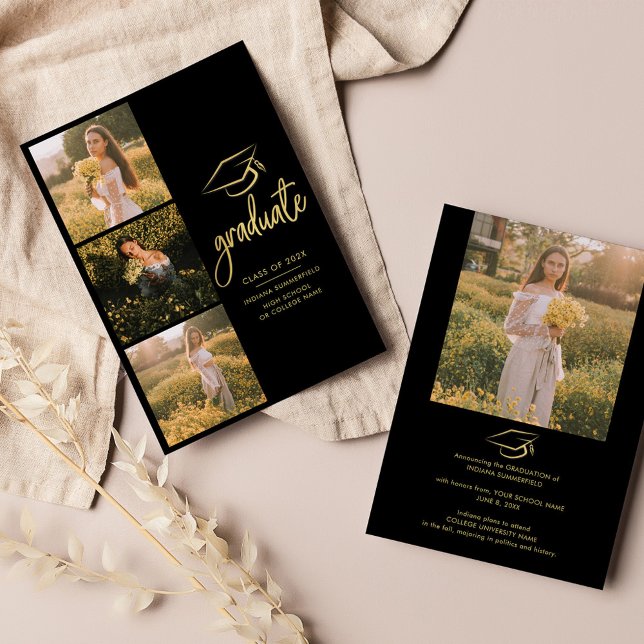 Graduation 2026 Photo Collage Script Grad Announcement (Graduation Multi Photo Gold Script 2024 Announcement)
