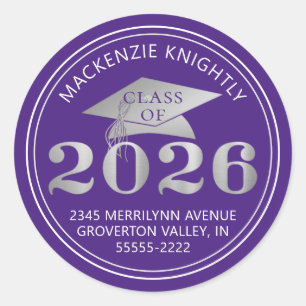 Graduation 2026 Purple Faux Silver Return Address Classic Round Sticker